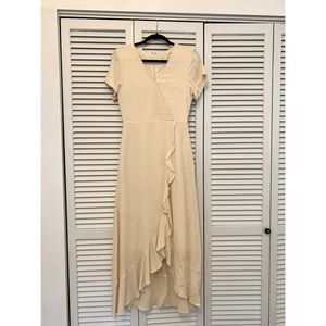 Roolee linen look faux wrap midi dress